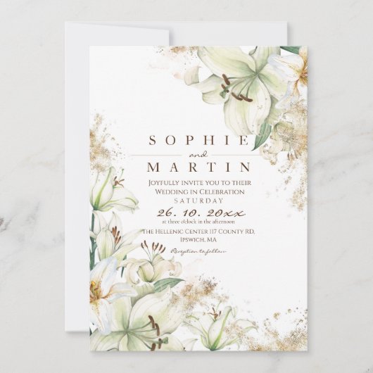 Elegante lelie bruiloft stoffige witte tuin bloeme kaart (Voorkant)