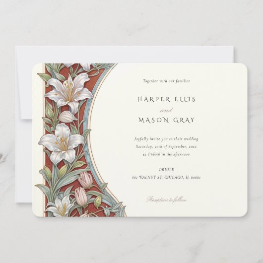Elegante lelies Art Nouveau bruiloft ivoor rood Kaart (Voorkant)