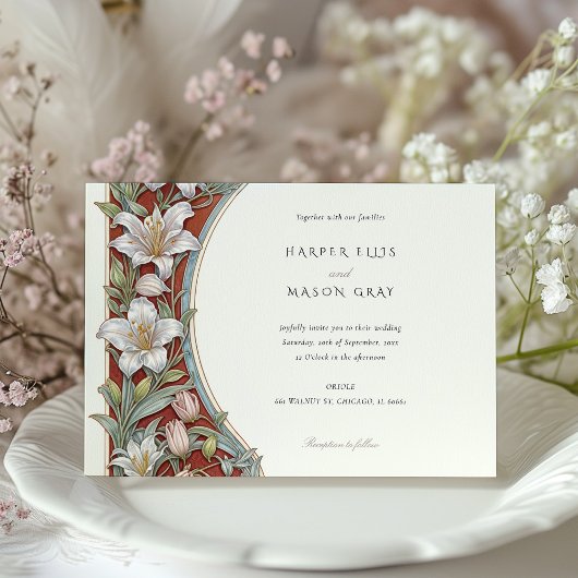 Elegante lelies Art Nouveau bruiloft ivoor rood Kaart