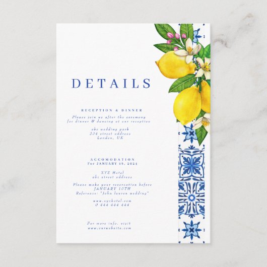 Elegante Lemon & Blue Mediterranean Enclosure Kaar Informatiekaartje (Voorkant)