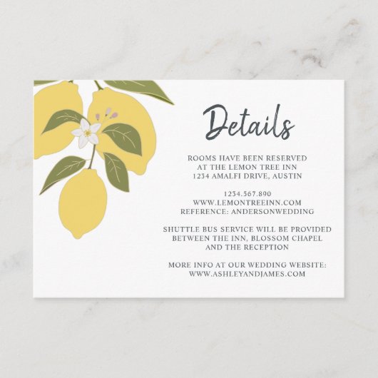 Elegante Lemon Theme Wedding Details Informatiekaartje (Voorkant)