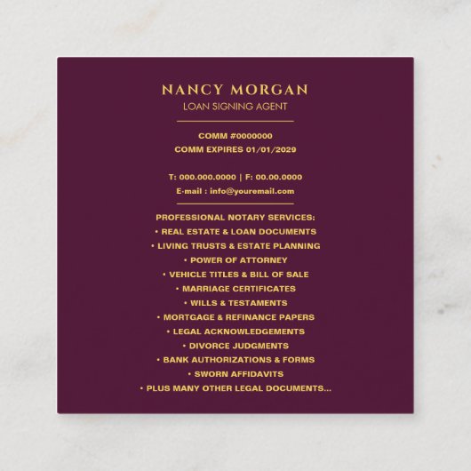 Elegante lening ondertekenaar Modern Gold & Bourgo Vierkante Visitekaartje (Achterkant)