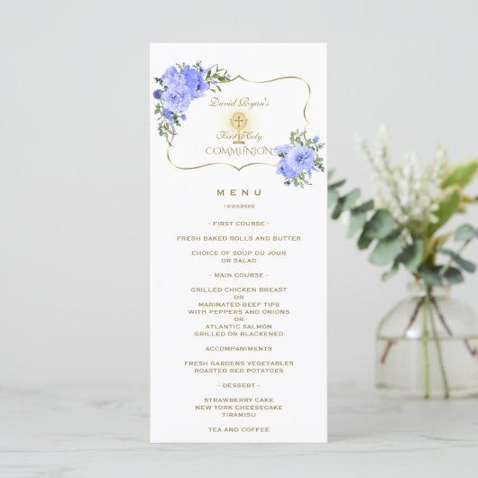 Elegante Lente Blauwe Bloem Gouden Eerste Communie Menu (Staand voorkant)