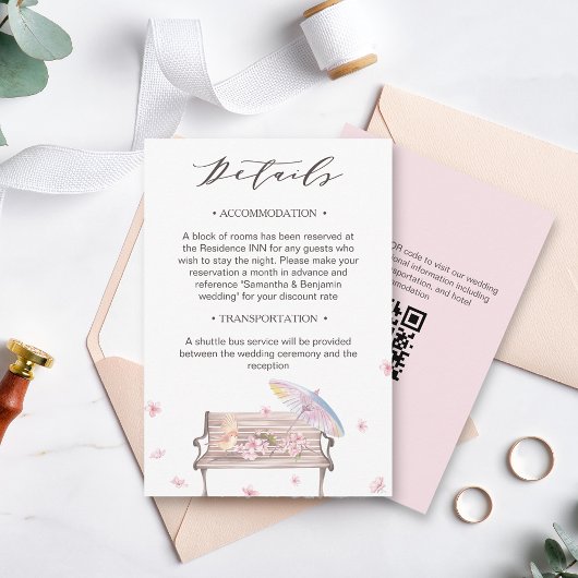 Elegante lente bloem bruiloft details informatiekaartje