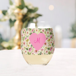 Elegante lente bloemen met monogram hart wijnglas zonder voet