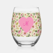Elegante lente bloemen met monogram hart wijnglas zonder voet (Voorkant)