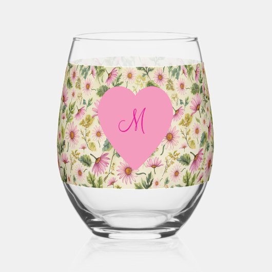 Elegante lente bloemen met monogram hart wijnglas zonder voet (Voorkant)