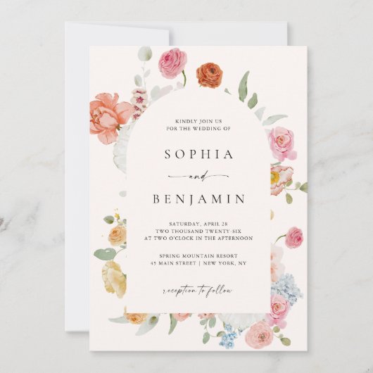 Elegante Lente Bloemen QR Code Trouwboog Kaart (Voorkant)