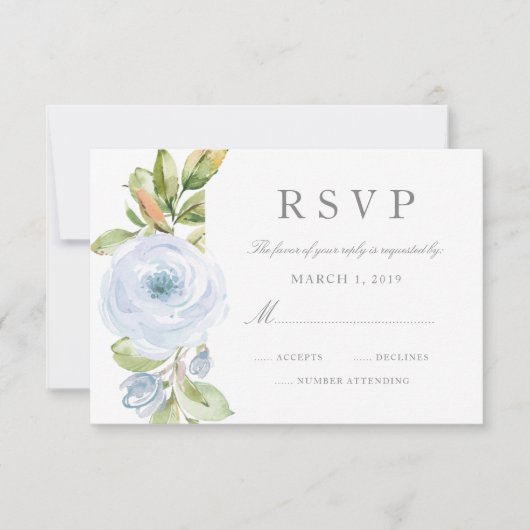 Elegante Lente Bloemen Stoffig Blauw Bruiloft RSVP (Voorkant)