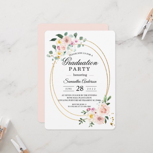 Elegante lente bloemenafstudeerfeest kaart (Voorkant / Achterkant in situ)