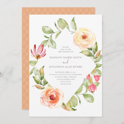 Elegante lente bloemendiamant perzik bruiloft kaart (Voorkant / Achterkant)