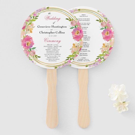 Elegante lente boho bloemrijke gouden huwelijkscer handwaaier (Voorkant en achterkant)