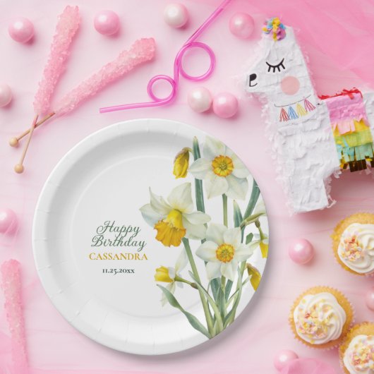 Elegante lente gele daffodil bloemenverjaardag papieren bordje (Feest)
