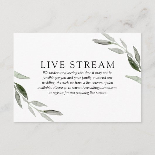 Elegante lente groene blad trouw live stream informatiekaartje (Voorkant)
