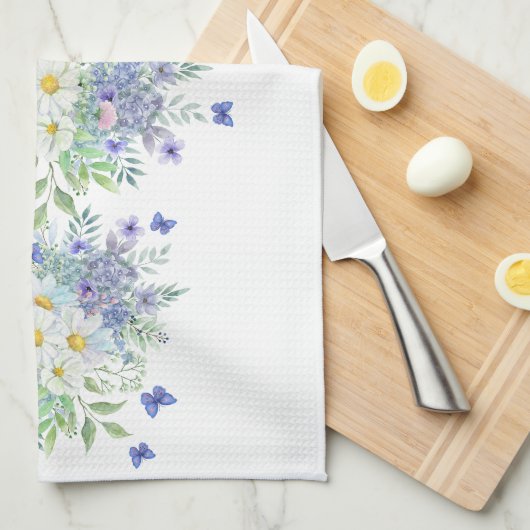 Elegante lente madeliefjes met blauwe vlinders theedoek (Quarter Fold)