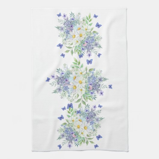 Elegante lente madeliefjes met blauwe vlinders theedoek (Verticaal)