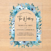 Elegante lente stoffige blauw witte bloemen bruilo acryl uitnodigingen (Voorkant)