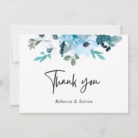 Elegante lente stoffige blauw witte bloemen bruilo bedankkaart (Voorkant)