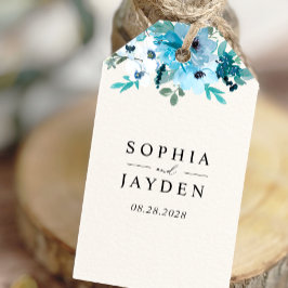 Elegante lente stoffige blauw witte bloemen bruilo cadeaulabel