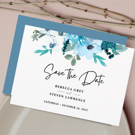 Elegante lente stoffige blauw witte bloemen bruilo save the date