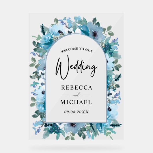 Elegante lente stoffige blauwe bloemen bruiloft we acryl bord (Voorkant)