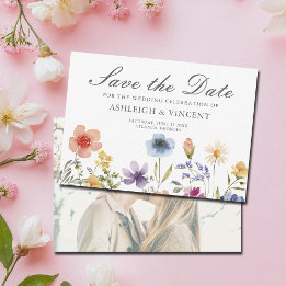 Elegante lente wilde bloemen met foto achterzijde save the date