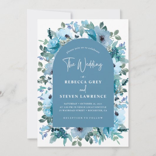 Elegante lente witte stoffige blauwe bloemen bruil kaart (Voorkant)