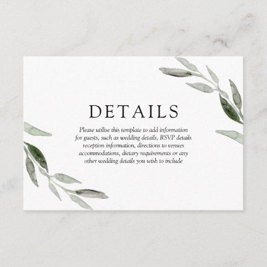 Elegante lente zomer groene blad huwelijksdetails informatiekaartje (Voorkant)