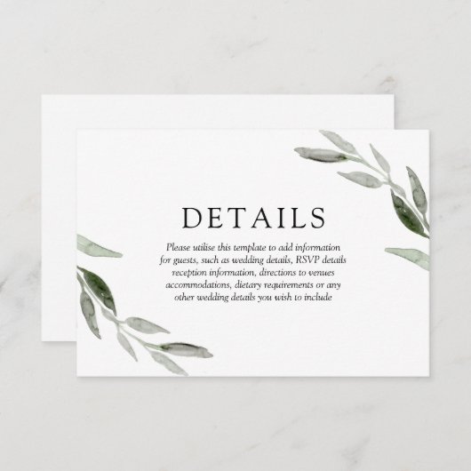 Elegante lente zomer groene blad trouwdetails informatiekaartje (Voorkant / Achterkant)