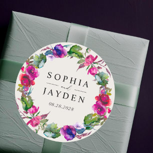 Elegante lente zomer roze paarse bloemen bruiloft ronde sticker