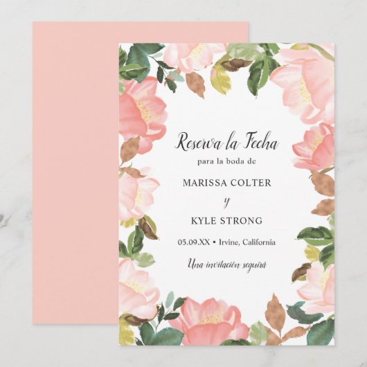 Elegante Lentere Bloemige Roze Spaanse Trouw Save The Date (Voorkant / Achterkant)