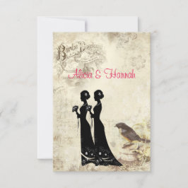 Elegante, lesbische trouwkaart met vintage vogels  RSVP kaartje