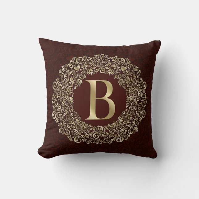 Elegante letter B goud en rode Damascus monogram Kussen (Voorkant)