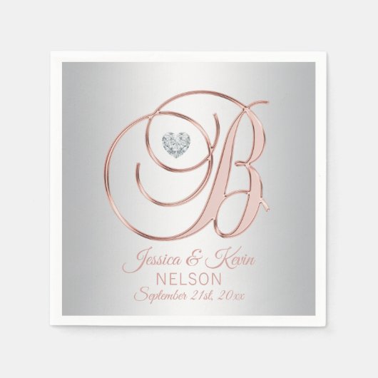 Elegante letter 'B' Zilvergrijs Roos Gouden bruilo Servet (Voorkant)