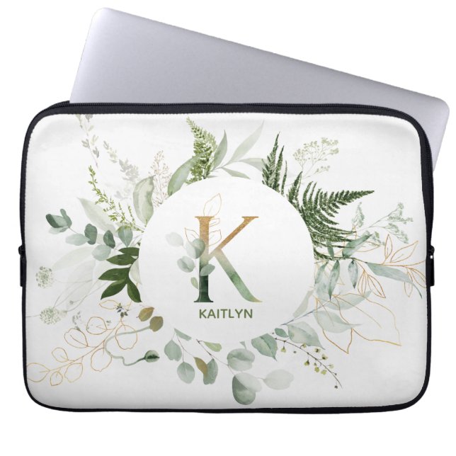 Elegante Letter K Foliage Krans Laptop Mouw Laptop Sleeve (Voorkant)
