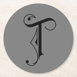 Elegante Letter T Monogram Zwart op Grijs Ronde Kartonnen Onderzetter