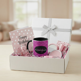 Elegante letters op zwarte en roze glittersmokkelm mok
