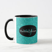 Elegante letters op Zwarte, turquoise glitters mok (Links)