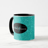 Elegante letters op Zwarte, turquoise glitters mok (Voorkant links)