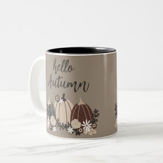 Elegante Leuke Retro Herfst Zwarte Pompoenen-Bloem Tweekleurige Koffiemok (Voorkant links)