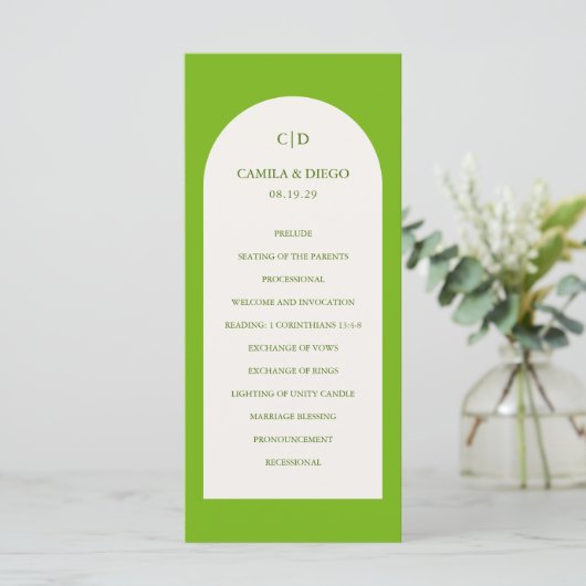 Elegante Levendige Groene Boog Moderne Trouwdag Programmakaart (Staand voorkant)