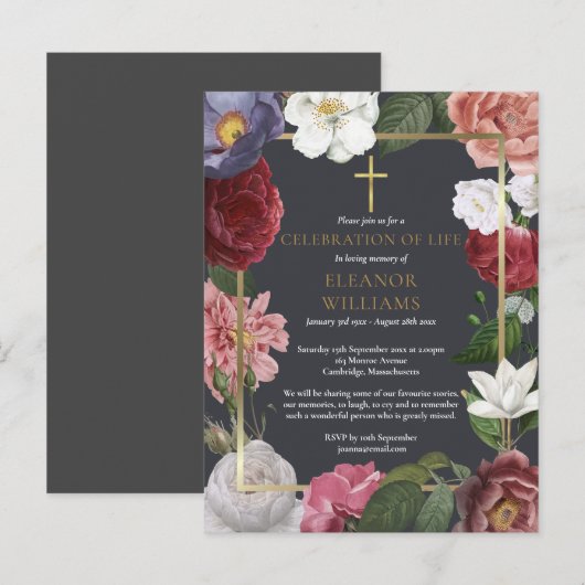 Elegante Levensviering Roos Bloemstuk Begrafenis Aankondigingskaart (Voorkant / Achterkant)