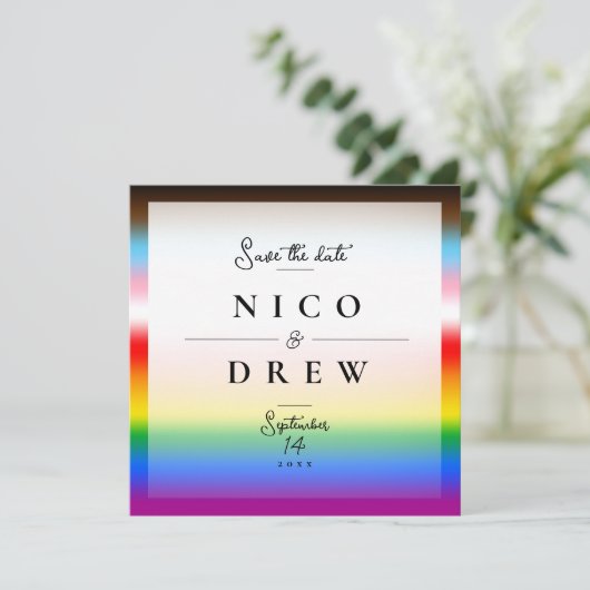 Elegante LGBTQ+ Vooruitgang Pride Bruiloft Save The Date (Staand voorkant)