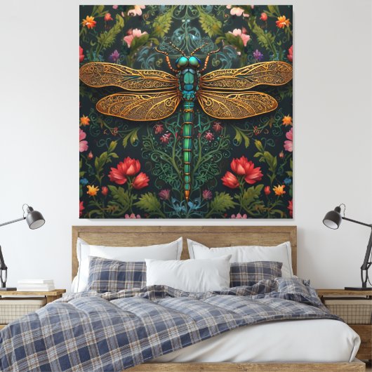 Elegante libel boho botanische canvas afdruk (Insitu (Slaapkamer))