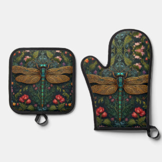 Elegante  libel botanische art nouveau ovenwant & pannenlap set