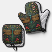 Elegante  libel botanische art nouveau ovenwant & pannenlap set (Voorkant / Achterkant)