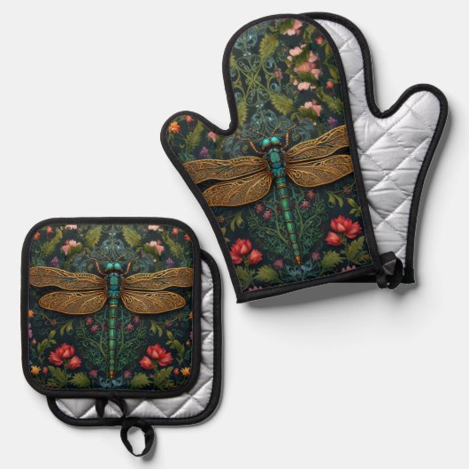 Elegante  libel botanische art nouveau ovenwant & pannenlap set (Voorkant / Achterkant)