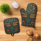 Elegante  libel botanische art nouveau ovenwant & pannenlap set (Top down)