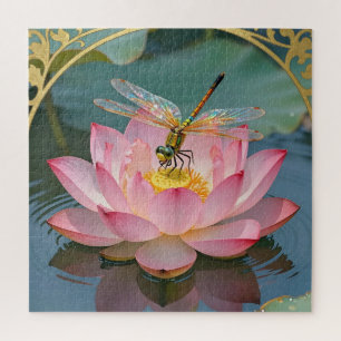 Elegante Libelle Roze Lotus Art Nouveau Lijst Legpuzzel