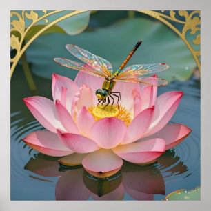 Elegante Libelle Roze Lotus Art Nouveau Lijst Poster